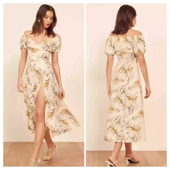 Reformation Pearl Dress Aurora Floral Cream Ivory Orange Gold Puff Sleeve Midi 8 - Picture 1 of 10
